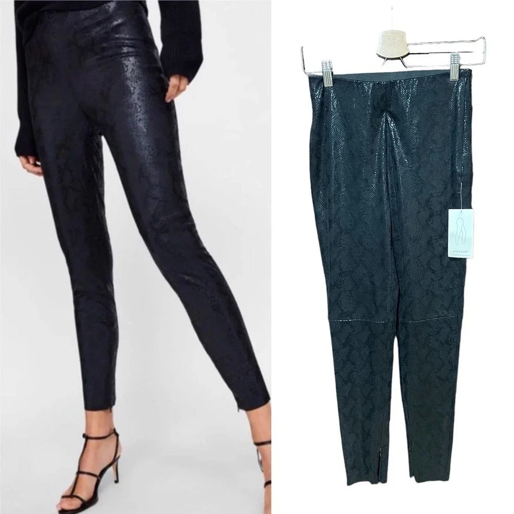 Zara Black Snakeskin Print Faux Leather Shiny Leggings Size XS